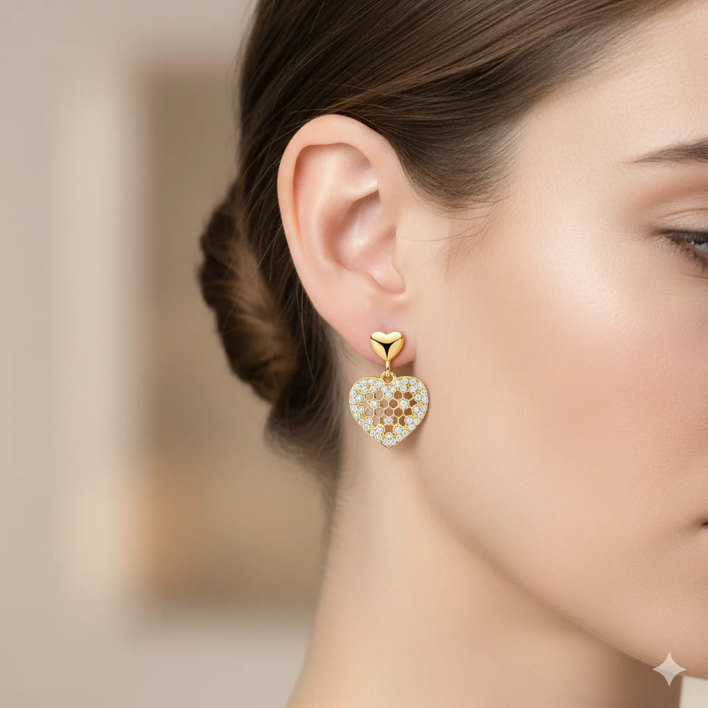 Honeycomb Lace Drop Sterling Silver golden stud Earrings - Image 4