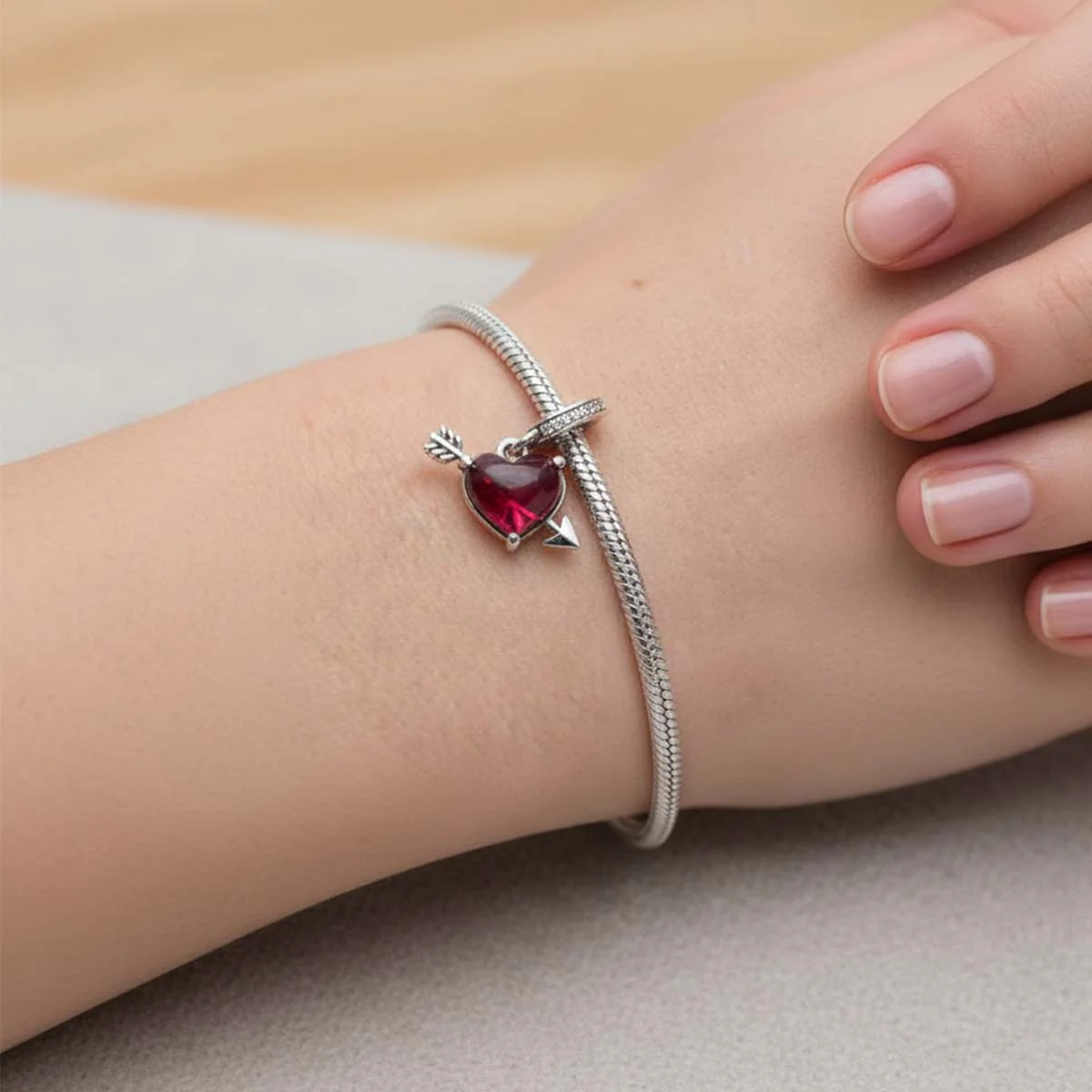 Red Heart & Arrow Murano Glass Dangle Charm Hallmarked S925 Sterling Silver - Image 3