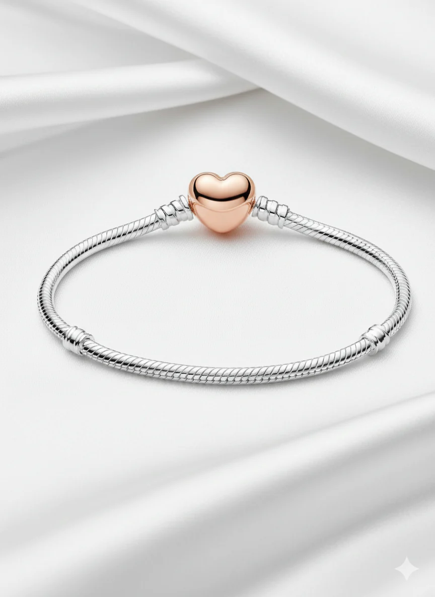 Rose Gold Heart & Snake Chain Charm Bracelet - Image 3