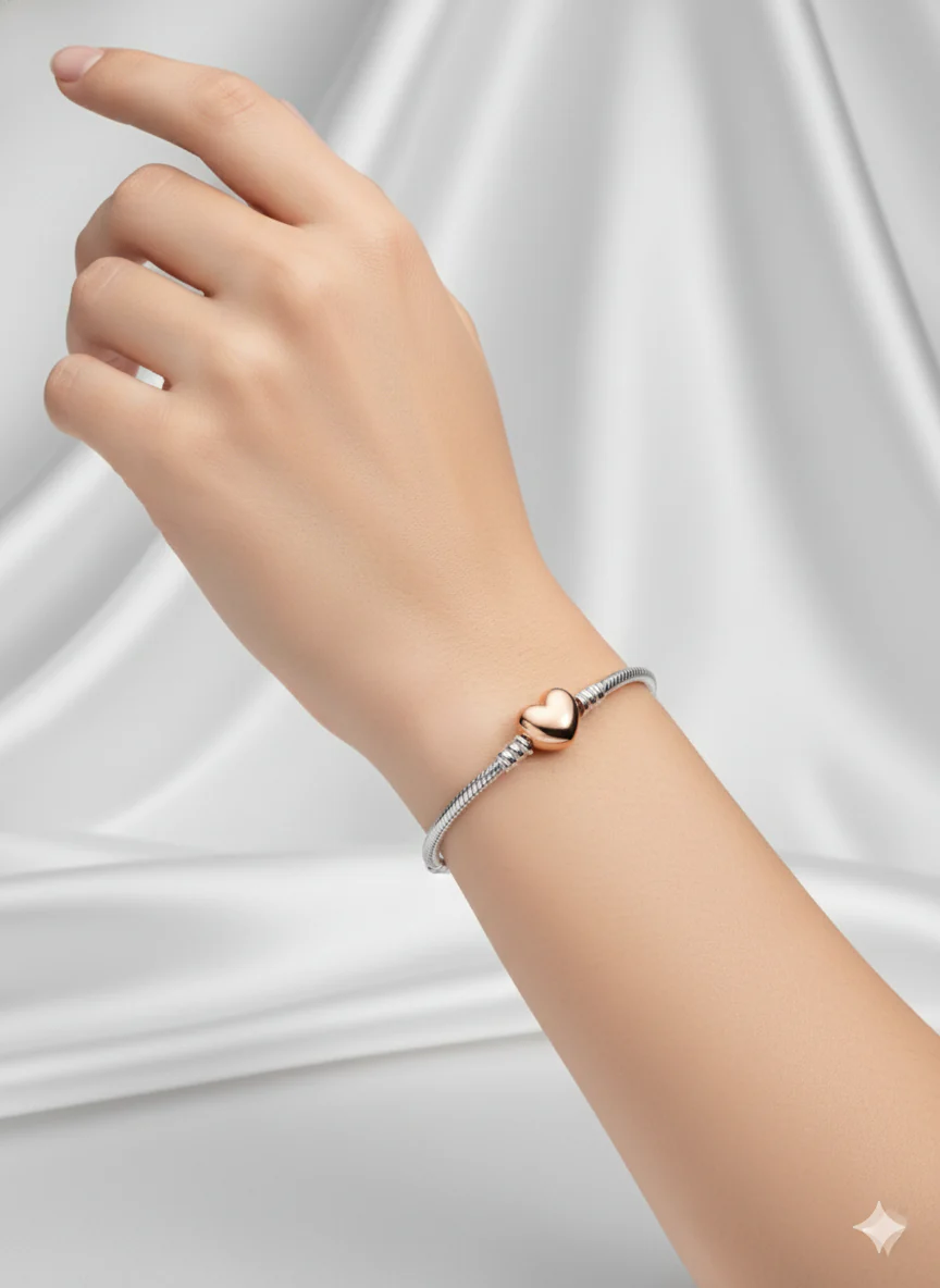 Rose Gold Heart & Snake Chain Charm Bracelet - Image 4