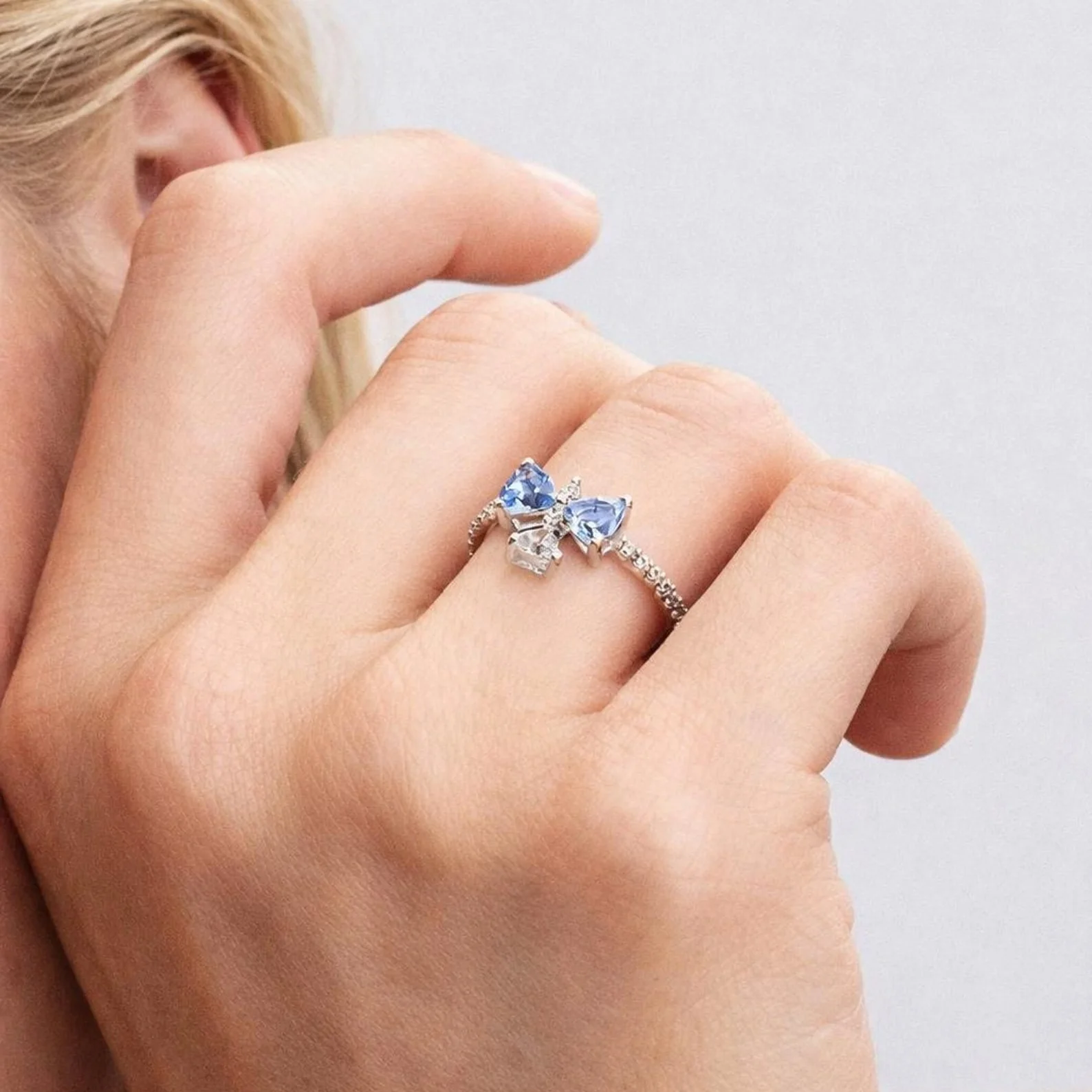 Sparkling White Radiant Bridgerton Blue Bow Ring Sterling Silver Ring - Image 3