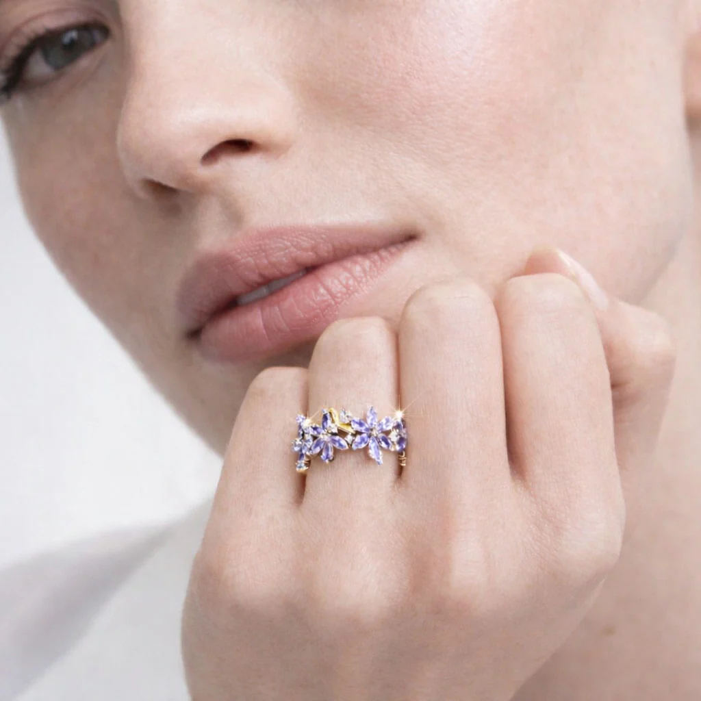 Sparkling White Radiant Bridgerton Herbarium & Bee Sterling Silver Ring - Image 3